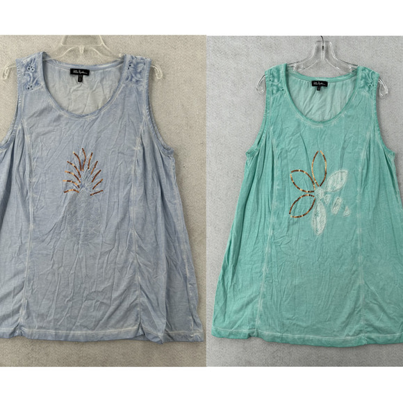 Ulla Popken Set of 2 Tank Tee T-Shirt Tops Womens 16/18 Tropical Vacation Sequin - Picture 1 of 16